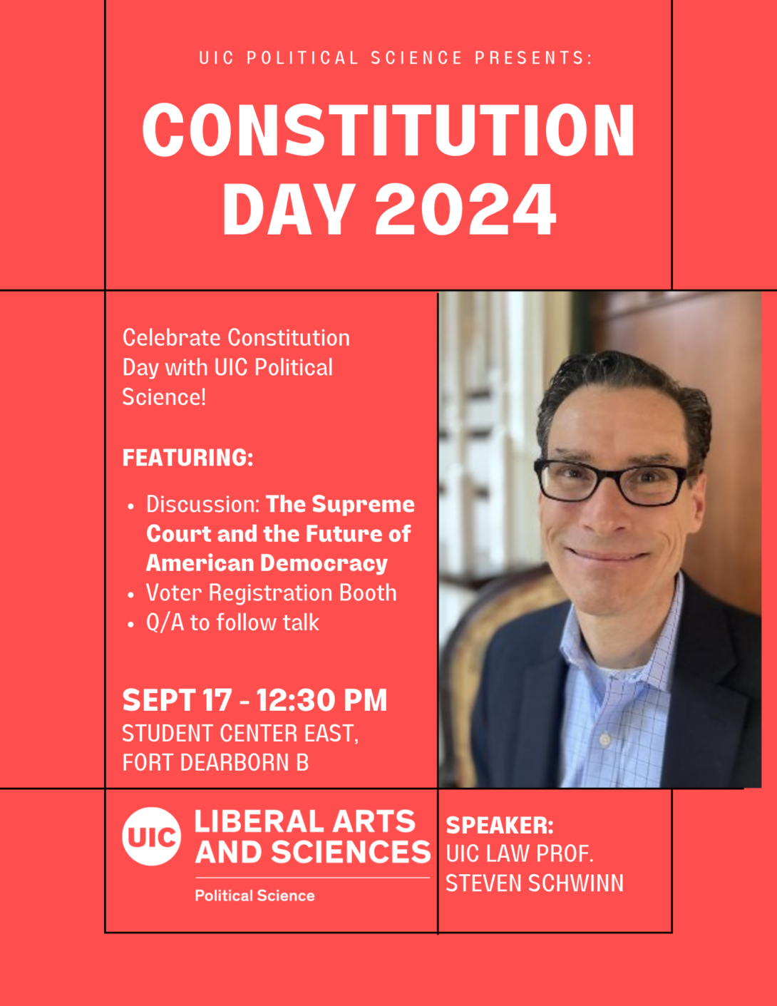 Red image with white words describing details of Constitution Day Event hosted by UIC Political Science along with a photo of UIC Law Professor Steven Schwinn