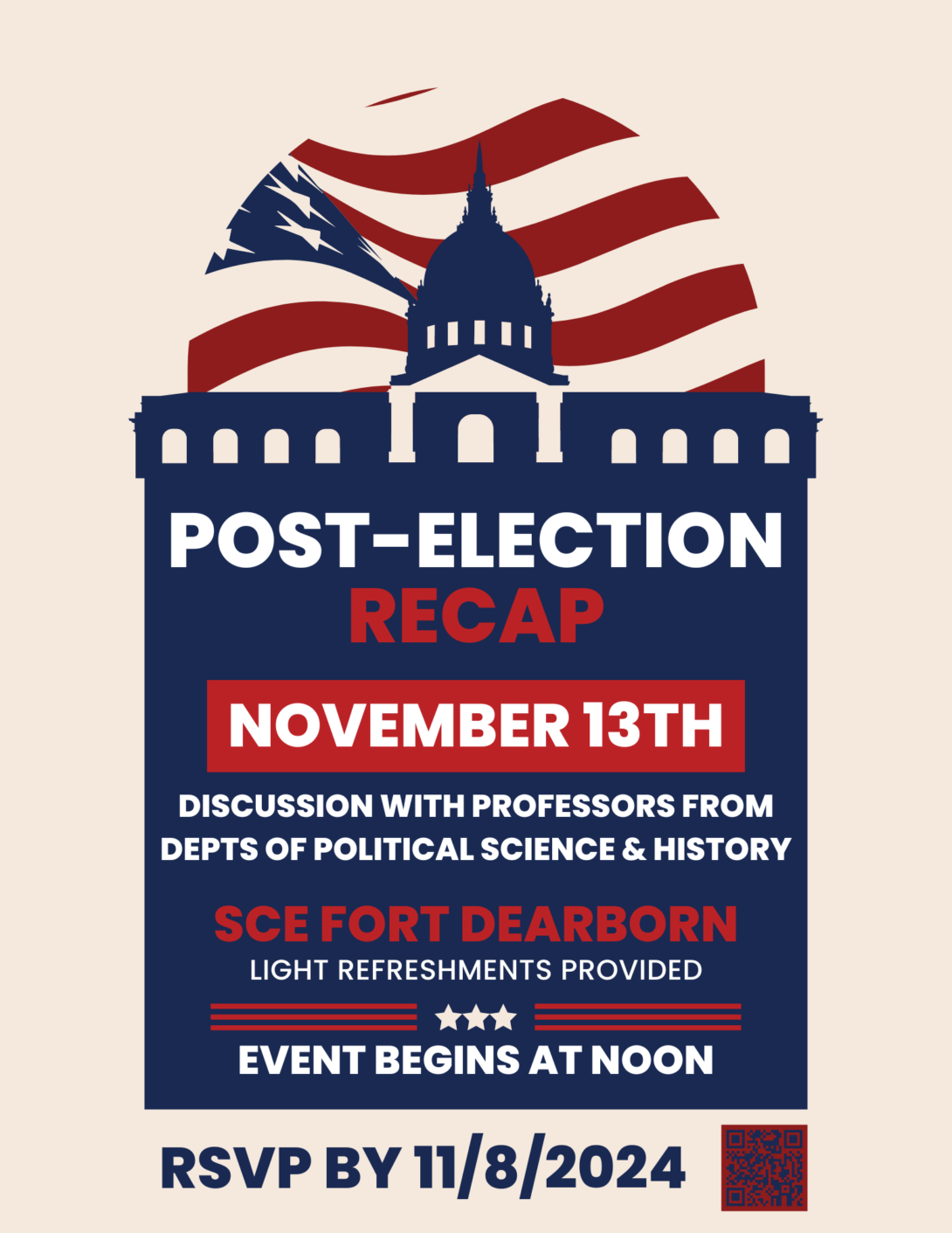 White and red text against a blue backdrop with details of the Post Election Recap Event