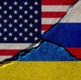 United States of America Flag, Ukraine Flag, and Russian Flag