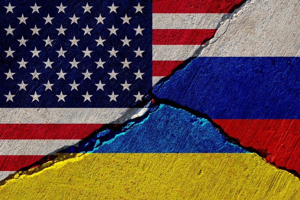 United States of America Flag, Ukraine Flag, and Russian Flag